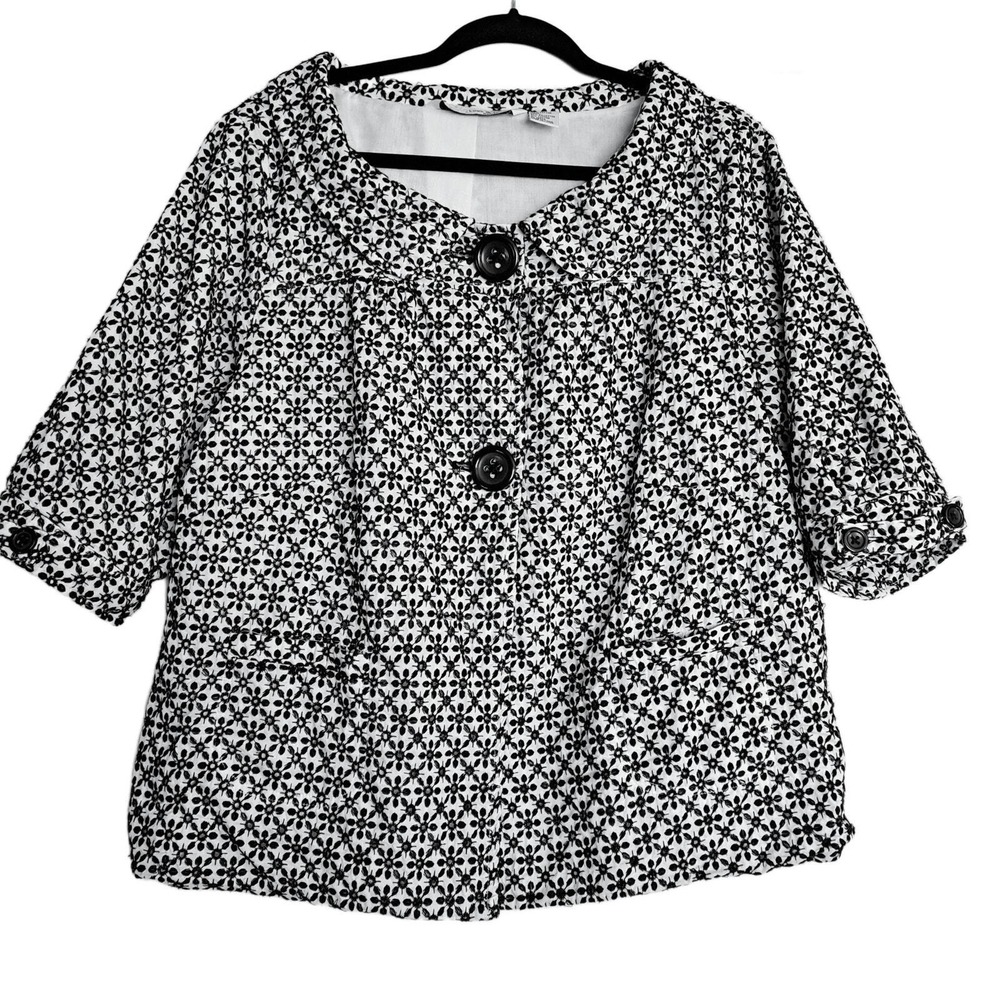 LUCY & LAUREL Women 1X Jacket White Black Embroidered Short Sleeve Boho Chic